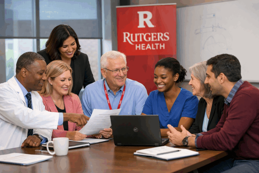 Rutgers Health staff and faculty working together as a team, representing collaboration and community