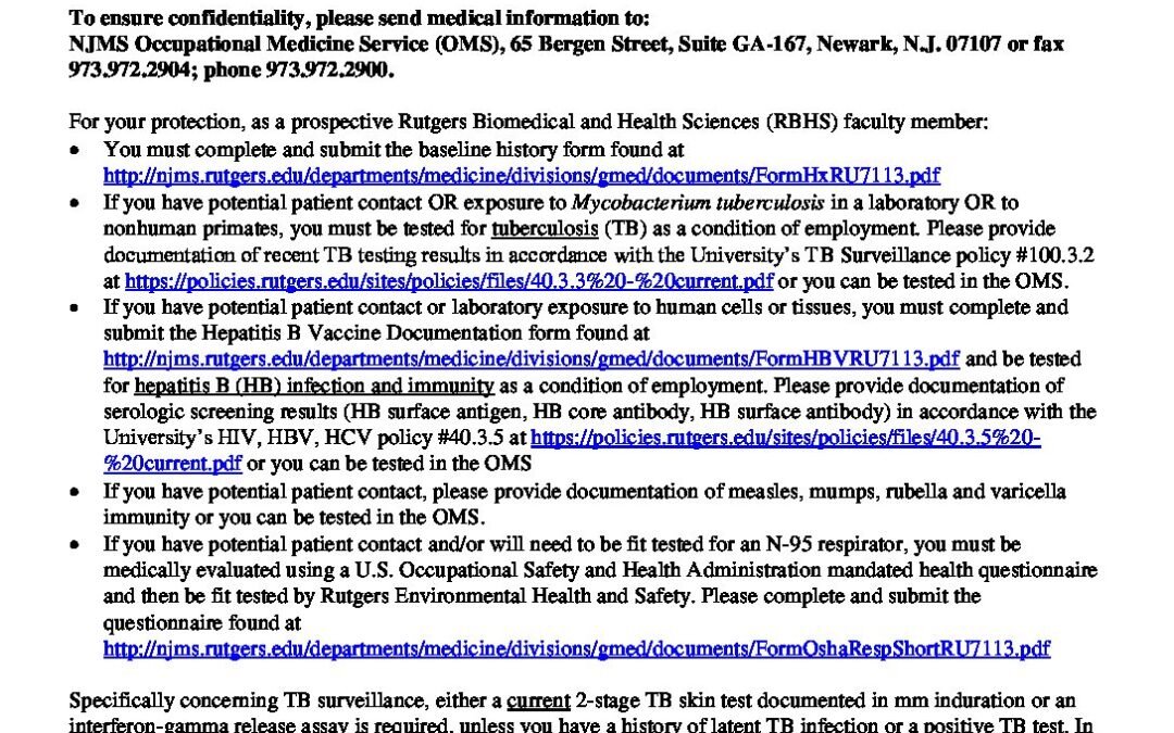 RBHS Faculty Preplacement Medical Evaluation Form